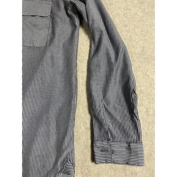 Express Womens Blouse Size Md Button Up Roll Tab Sleeve Grey/White Stripe - Picture 9 of 14